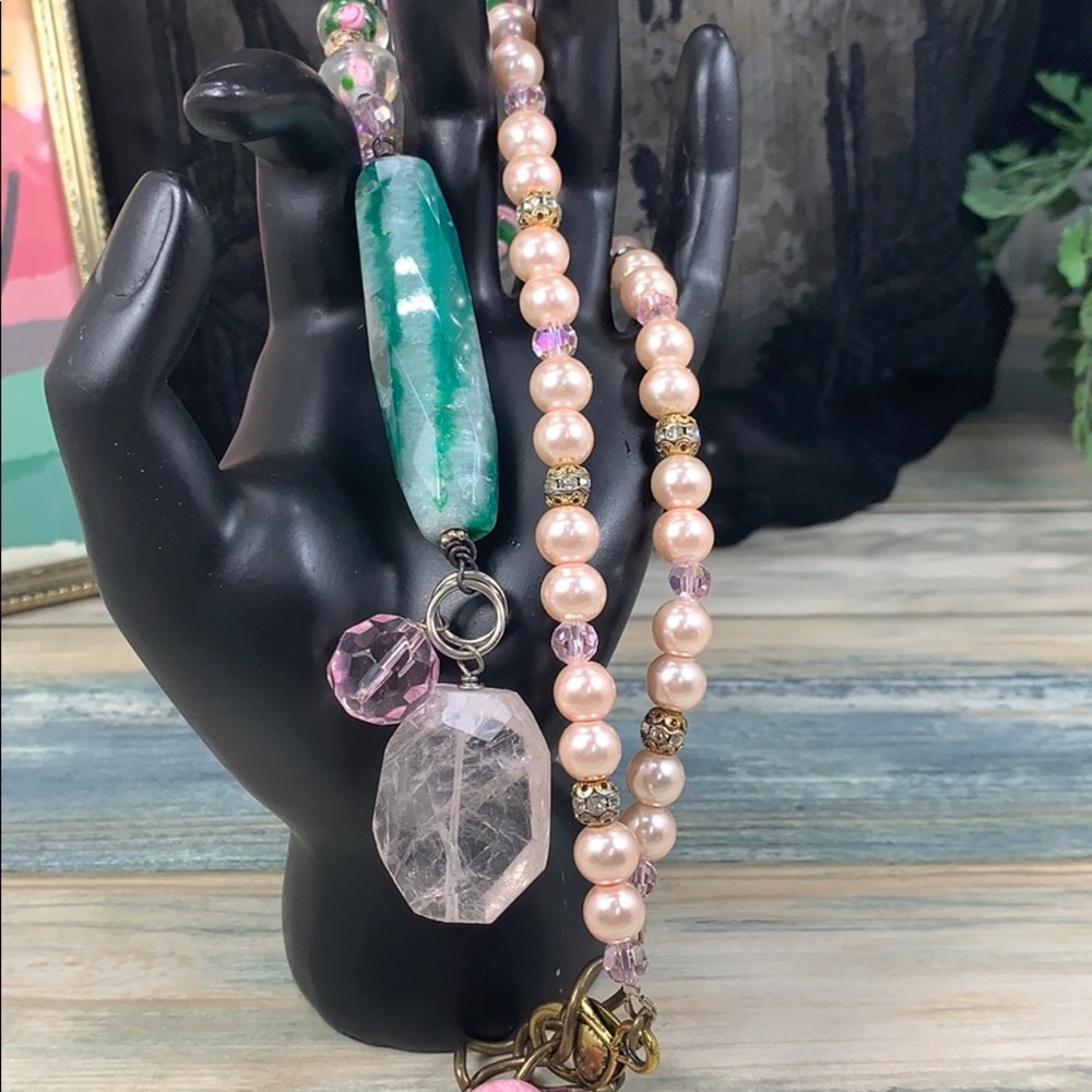 Handcrafted Pink Pearl & Green Bead Necklace with Rose Crystal Pendant